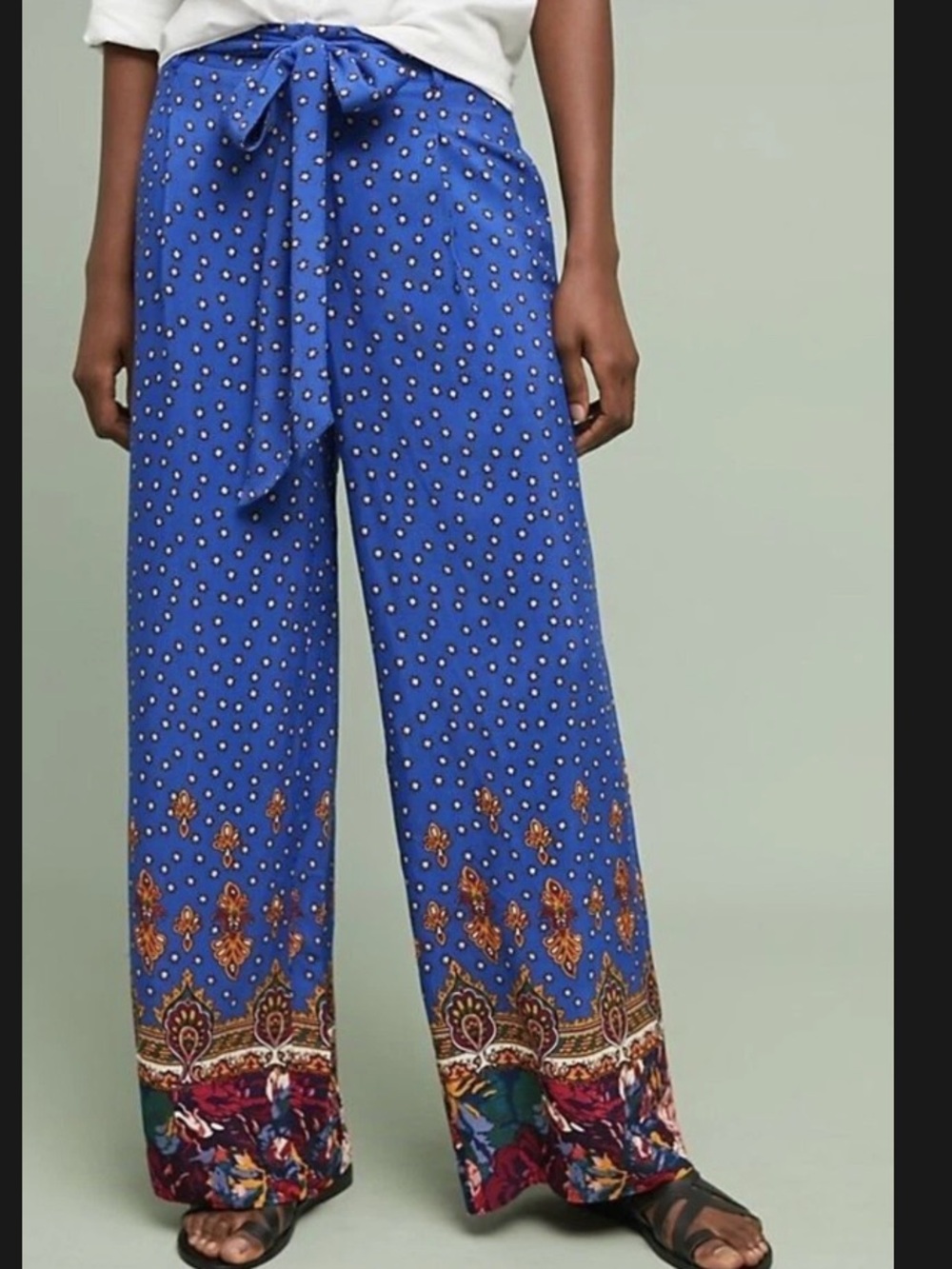Anthropologie EttTwa Pants Womens 2 Blue Floral Belt Wide Leg Boho Lightweight